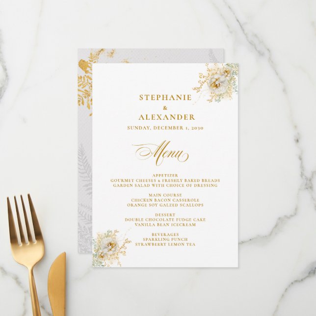 Menu de Casamento Floral de Script Dourado Elegant (Frente/Verso In Situ)