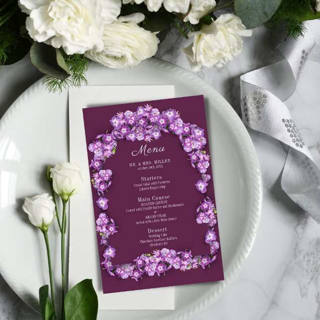 Menu de Casamento Floral do Arch Finn Roxo Elegant (Criador carregado)