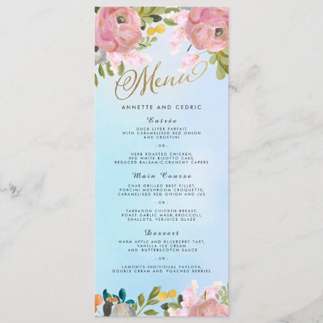 Menu de Casamento Floral do Dream Garden (Frente)