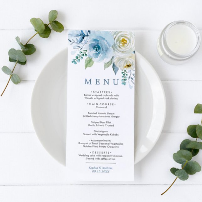 Menu de Casamento Floral do Dusty Blue & White Ros (Criador carregado)