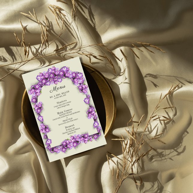 Menu de Casamento Floral do Lilac LinenArch Púrpur (Criador carregado)