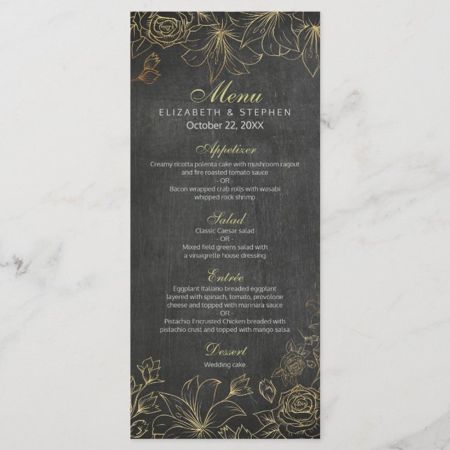 Menu de Casamento Floral do Quadro Dourado Preto E (Frente)