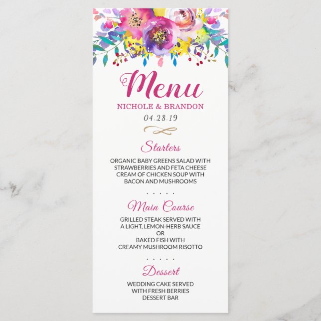 Menu de Casamento Floral Dourado da Modern Waterco (Frente)