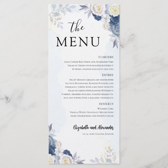 Menu de Casamento Floral Dourado Dusty Blue e Obri (Frente)