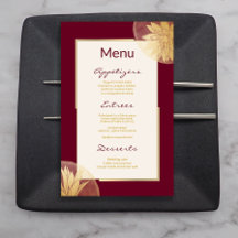 Menu de Casamento Floral Dourado Moderno Burgundy