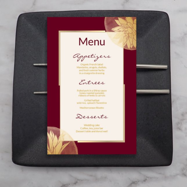 Menu de Casamento Floral Dourado Moderno Burgundy (Criador carregado)
