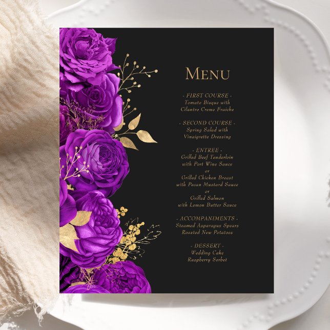 Menu de Casamento Floral Dourado Roxo do Orçamento (Criador carregado)