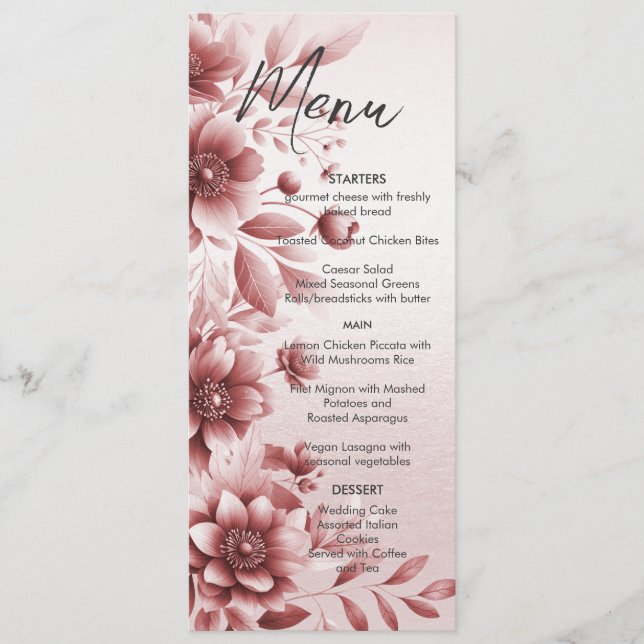 Menu de Casamento Floral Dusty Rosa (Frente)