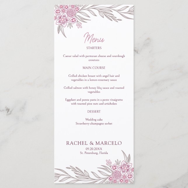 Menu de Casamento Floral Dusty Rosa Blush Burgundy (Frente)