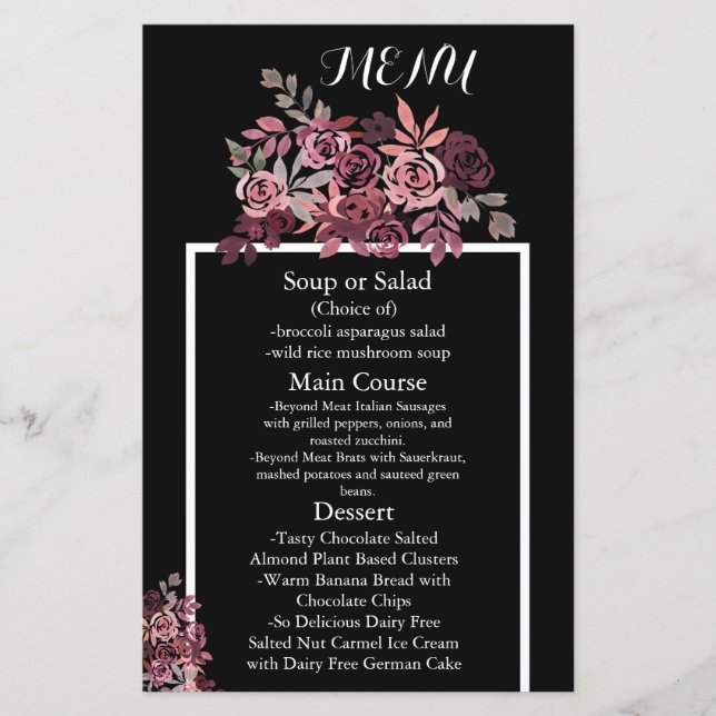 Menu de Casamento Floral Dusty Rosa Burgundy (Frente)