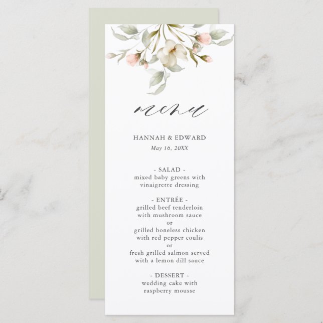 Menu de Casamento Floral Elegante Blush White Sage (Frente/Verso)