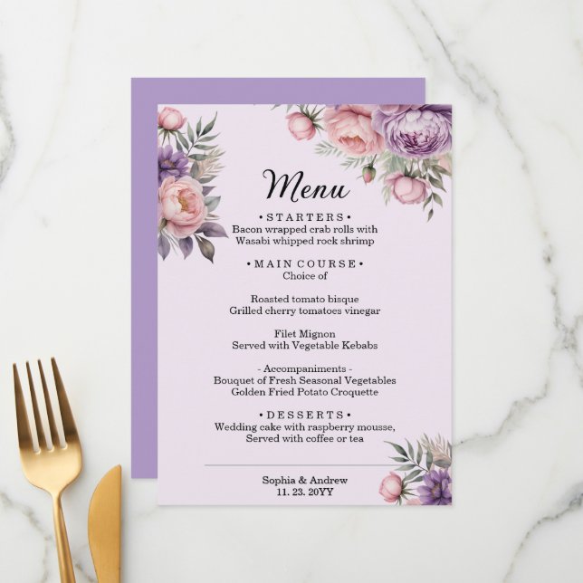 Menu de Casamento Floral Elegante de Aquarela (Frente/Verso In Situ)