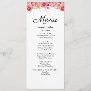Menu de Casamento Floral Elegante Diamante e Rosa