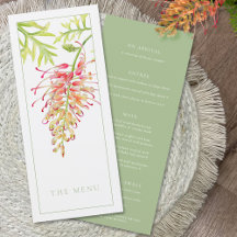 Menu de casamento floral em aquarela Grevillea ver