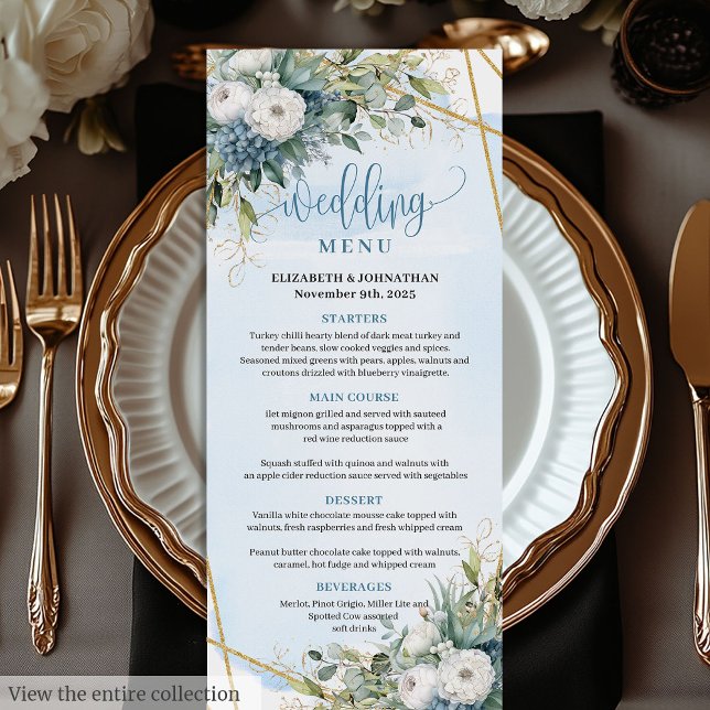 Menu de Casamento Floral Eucalyptus Azul Elegante (Elegant Dusty Blue Eucalyptus Floral Wedding Menu)
