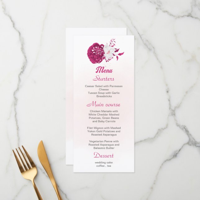 menu de casamento floral fuchsia e branco (Frente/Verso In Situ)