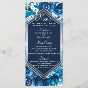 Menu de casamento floral índigo azul elegante