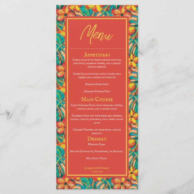 Menu de Casamento Floral Laranja Tropical e Amarel (Frente)