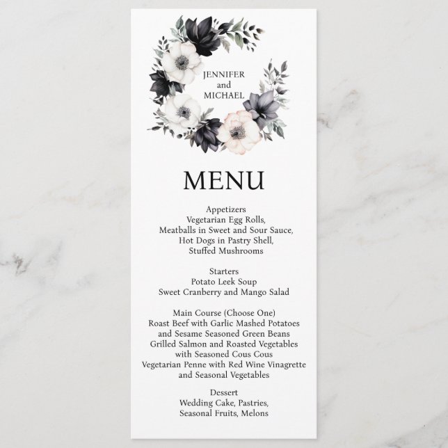 Menu de Casamento Floral Menu Preto e Branco (Frente)