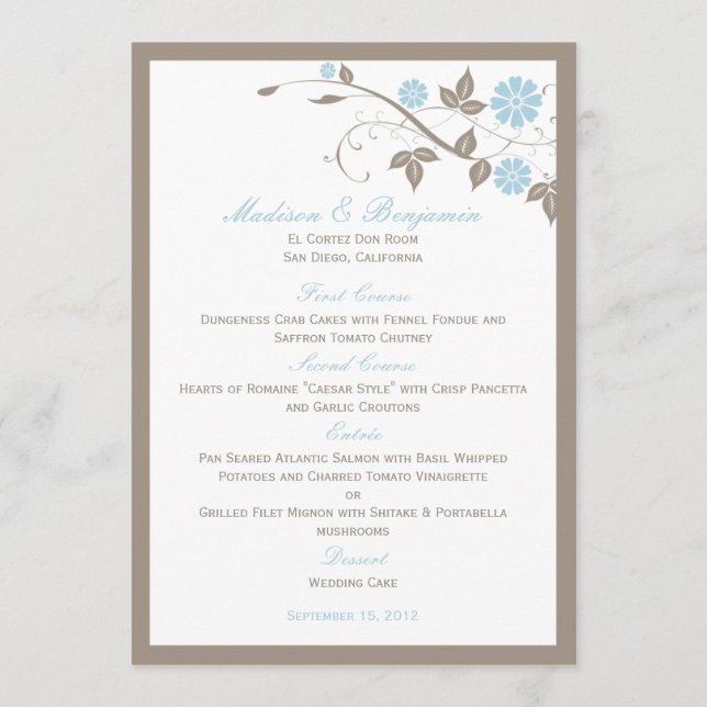 Menu de Casamento Floral Moderno - Azul-Aqua (Frente)