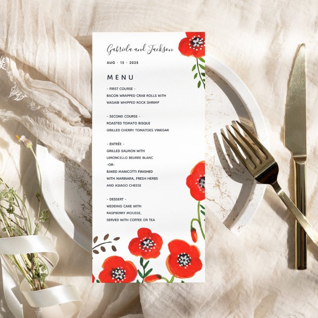 Menu de casamento floral moderno da Red Poppies (Red poppies modern floral wedding menu)