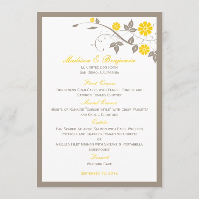 Menu de Casamento Floral Moderno - Mostarda (Frente)