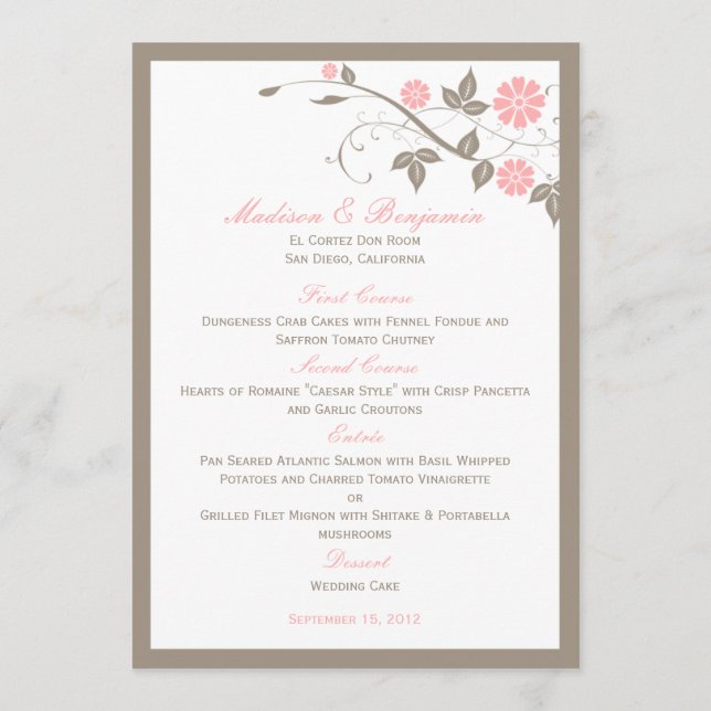 Menu de Casamento Floral Moderno - Rosa Suave (Frente)