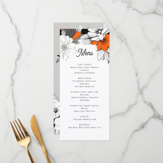 Menu de casamento floral monocromático moderno (Frente/Verso In Situ)