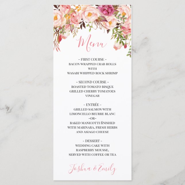 Menu de Casamento Floral Pink de Peony Boho (Frente)