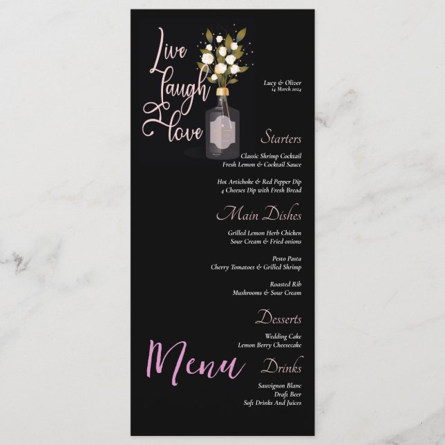 Menu de Casamento Floral Preto Personalizado com C (Frente)