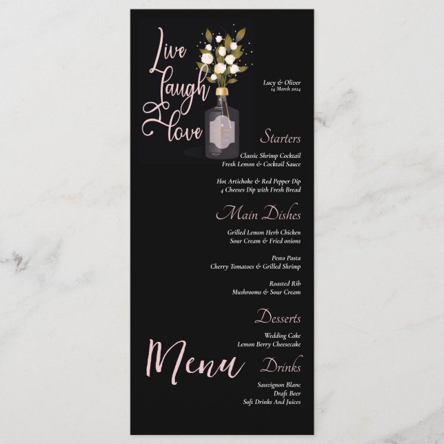 Menu de Casamento Floral Preto Personalizado com C (Frente)