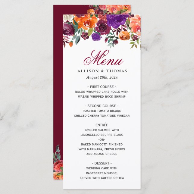 Menu de Casamento Floral Purple Purple Burgundy (Frente/Verso)