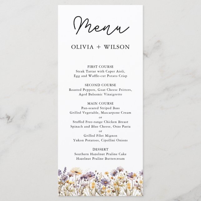 Menu de Casamento Floral Púrpura Elegante (Frente)