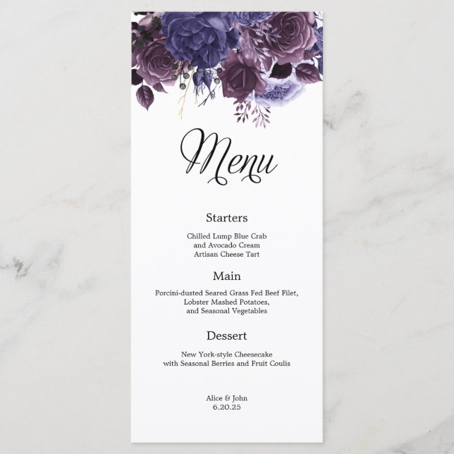 Menu de Casamento Floral Púrpura Gótica (Frente)