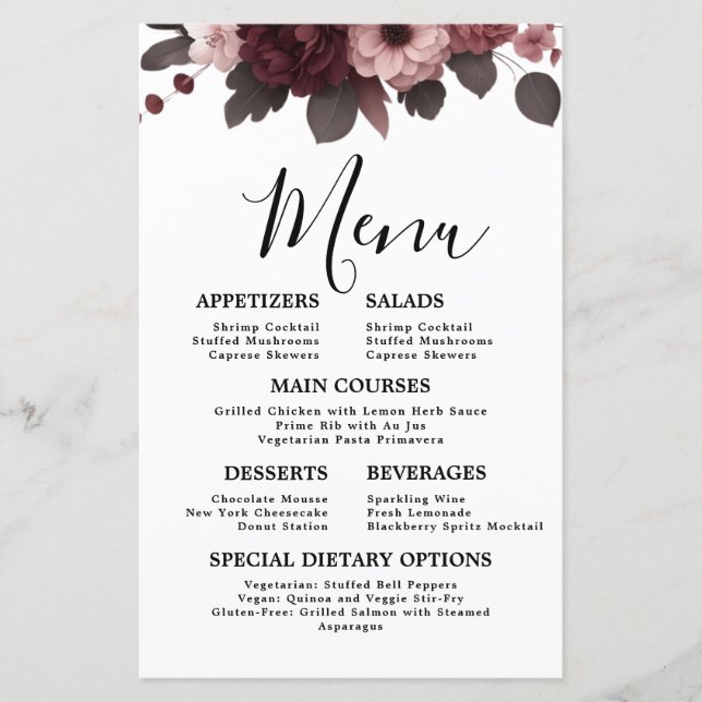 Menu de Casamento Floral Romântico Blush Pink Burg (Frente)