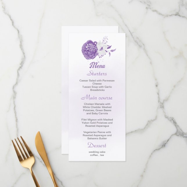 menu de casamento floral romântico e roxo branco (Frente/Verso In Situ)