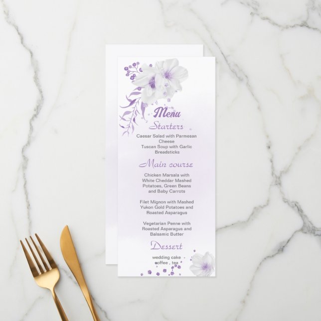 menu de casamento floral romântico e roxo branco (Frente/Verso In Situ)