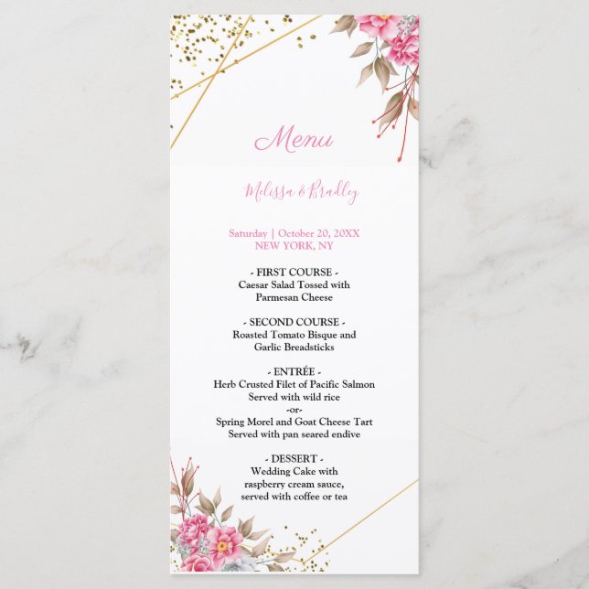 Menu de Casamento Floral Rosa Cor-de-Quadro Dourad (Frente)