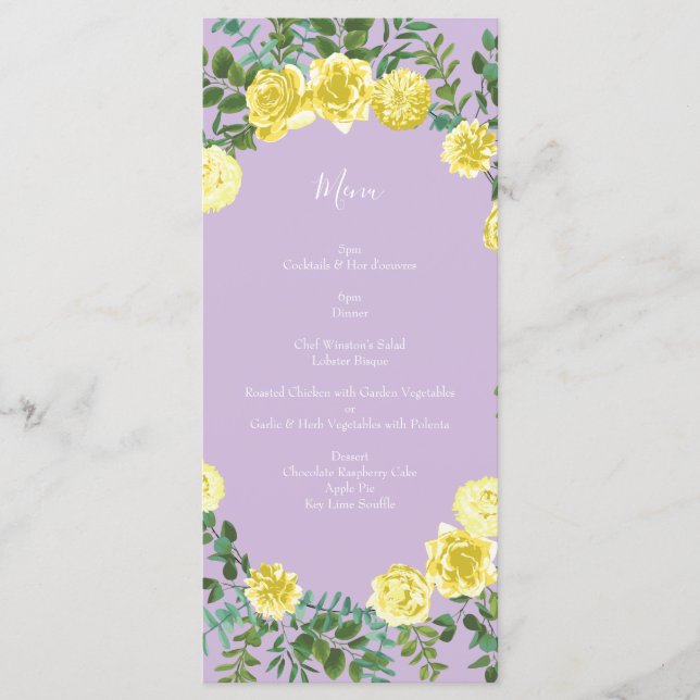 Menu de Casamento Floral Rosa de Lilac Roxo Amarel (Frente)