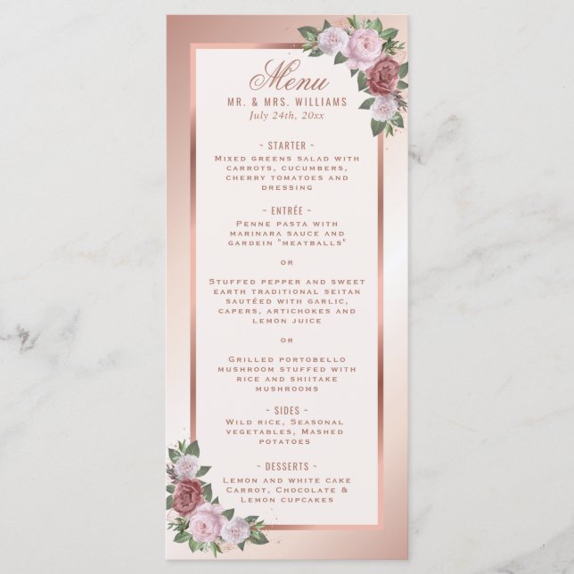 Menu de Casamento Floral Rosa e Rosa (Frente)