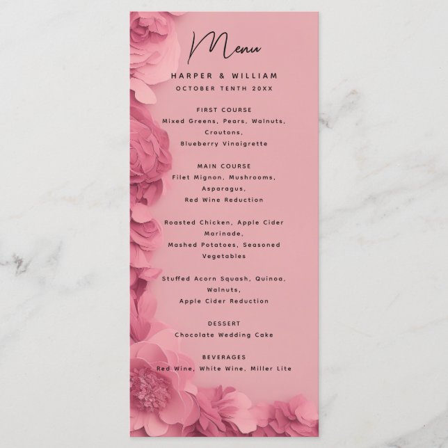 Menu de casamento floral rosa inspirado pela barbi (Frente)
