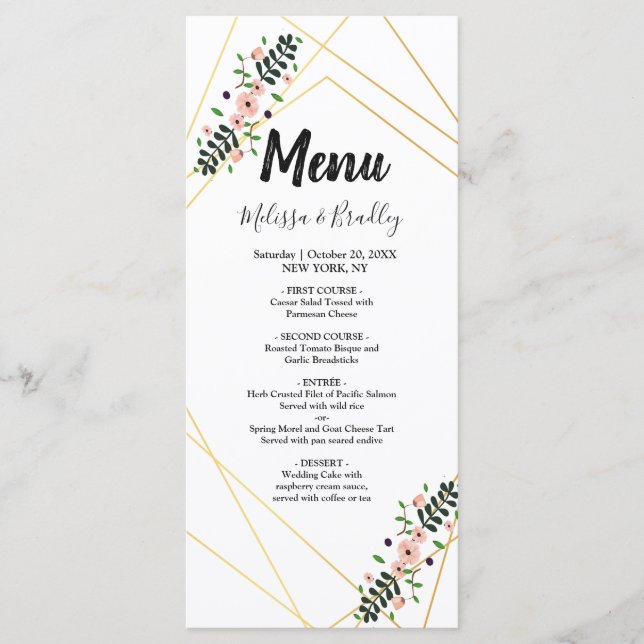 Menu de Casamento floral roxo de Quadro Dourado Ge (Frente)