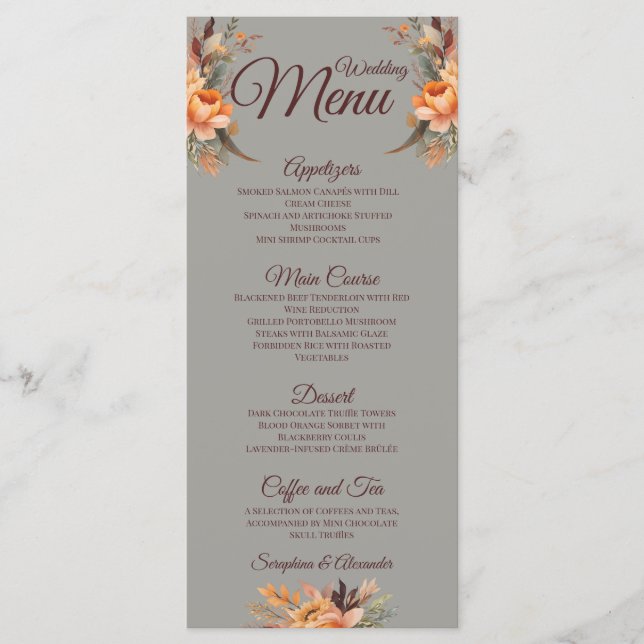 Menu de Casamento Floral Russo de Cores Aquáticas (Frente)