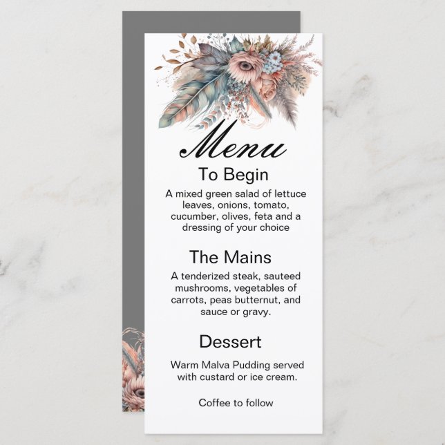 Menu de Casamento Floral Rustic Boho Silver & Pink (Frente/Verso)