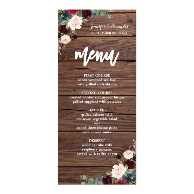 Menu de Casamento Floral Rustic Marsala Burgundy (Frente)