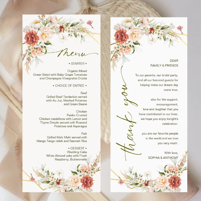 Menu de Casamento Floral Rustic Peony Rosa Terraco (Criador carregado)