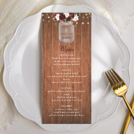 Menu de Casamento Floral Rustic Wood Mason Jar Bur