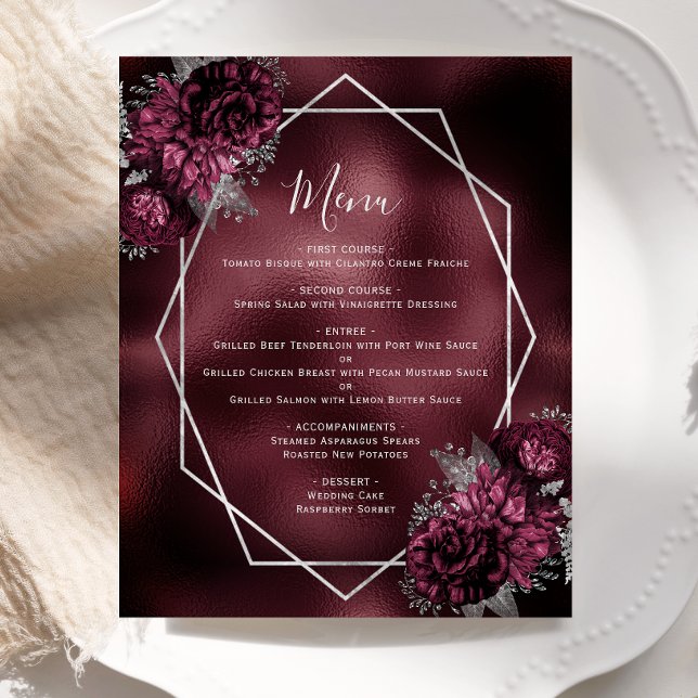 Menu de Casamento Floral Silver Floral Burgundy (Criador carregado)