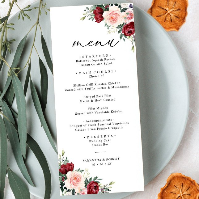 Menu de Casamento Floral Simples Boho Burgundy Blu (Criador carregado)