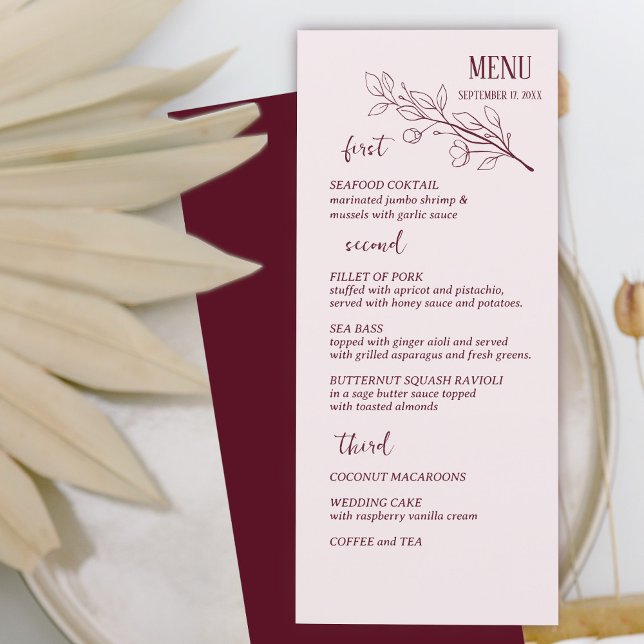 Menu de Casamento Floral Simples Boho de Vinho Ver (Criador carregado)